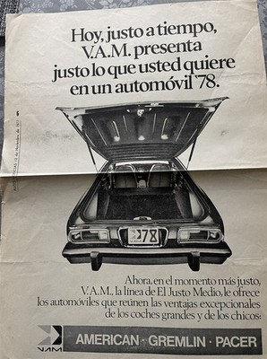 1978 AMC VAM MEXICO NEWSPAPER SALES AD - RALLY AMX AMERICAN GREMLIN PACER