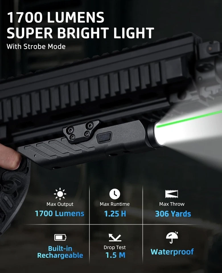 Rifle táctico de 1700 lúmenes claro y láser verde, recarga magnética, Picatinny Foto 4 de 4