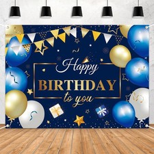 Happy Birthday Backdrop 8x6ft Blue Gold Party Decorations Elegant Navy Birthday