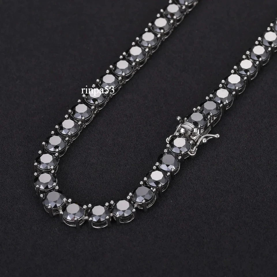 29Ct Round Cut A+ Lab Created Black Diamond Mens Tennis Necklace 14K Gold Plated - Image 3 of 4