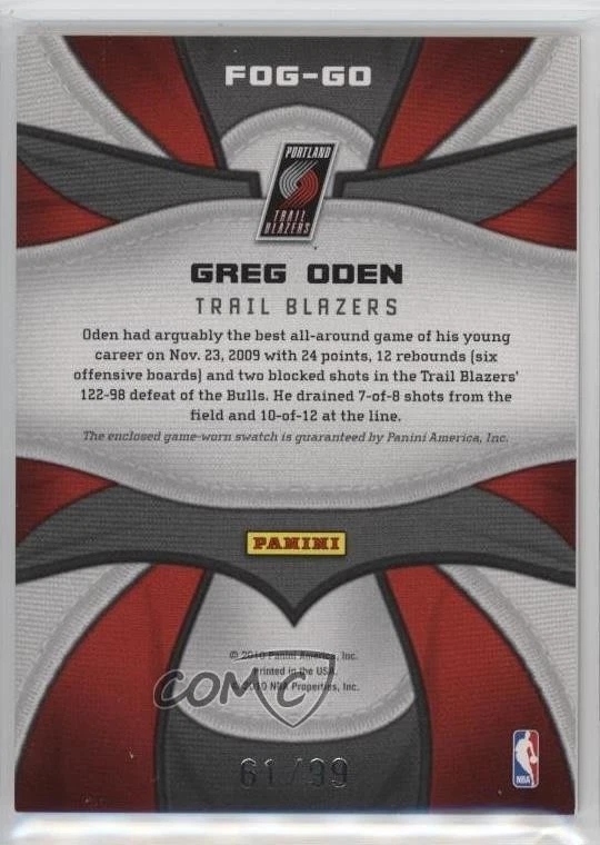 2009-10 Certified Fabric of the Game Jersey Number Die-Cut /99 Greg Oden #FOG-GO - Image 2 of 2
