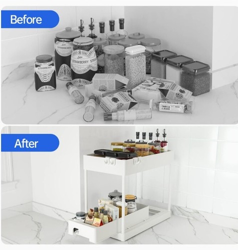 2Pack 2-Tier Under Sink Organizer with Sliding Storage Drawer White with 4 Hooks - 第 5/9 張圖片