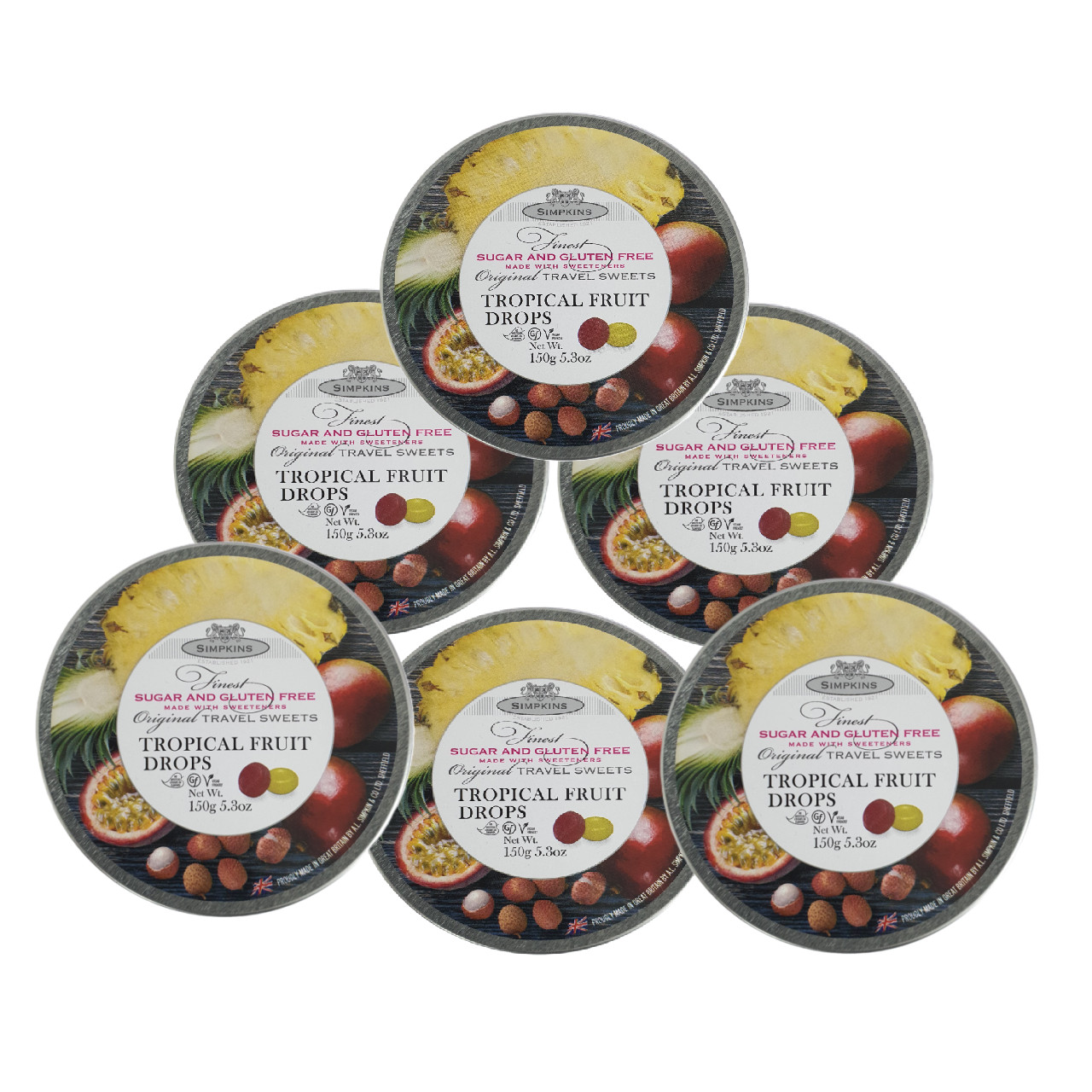 Simpkins Tropical Fruit Drops Sugar & Gluten Free Sweets 150g X 6 Pack