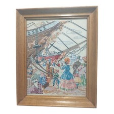 VTG Needlepoint Cross-stitch Sailing Ship Docking 16.5"x13.5" Framed Art