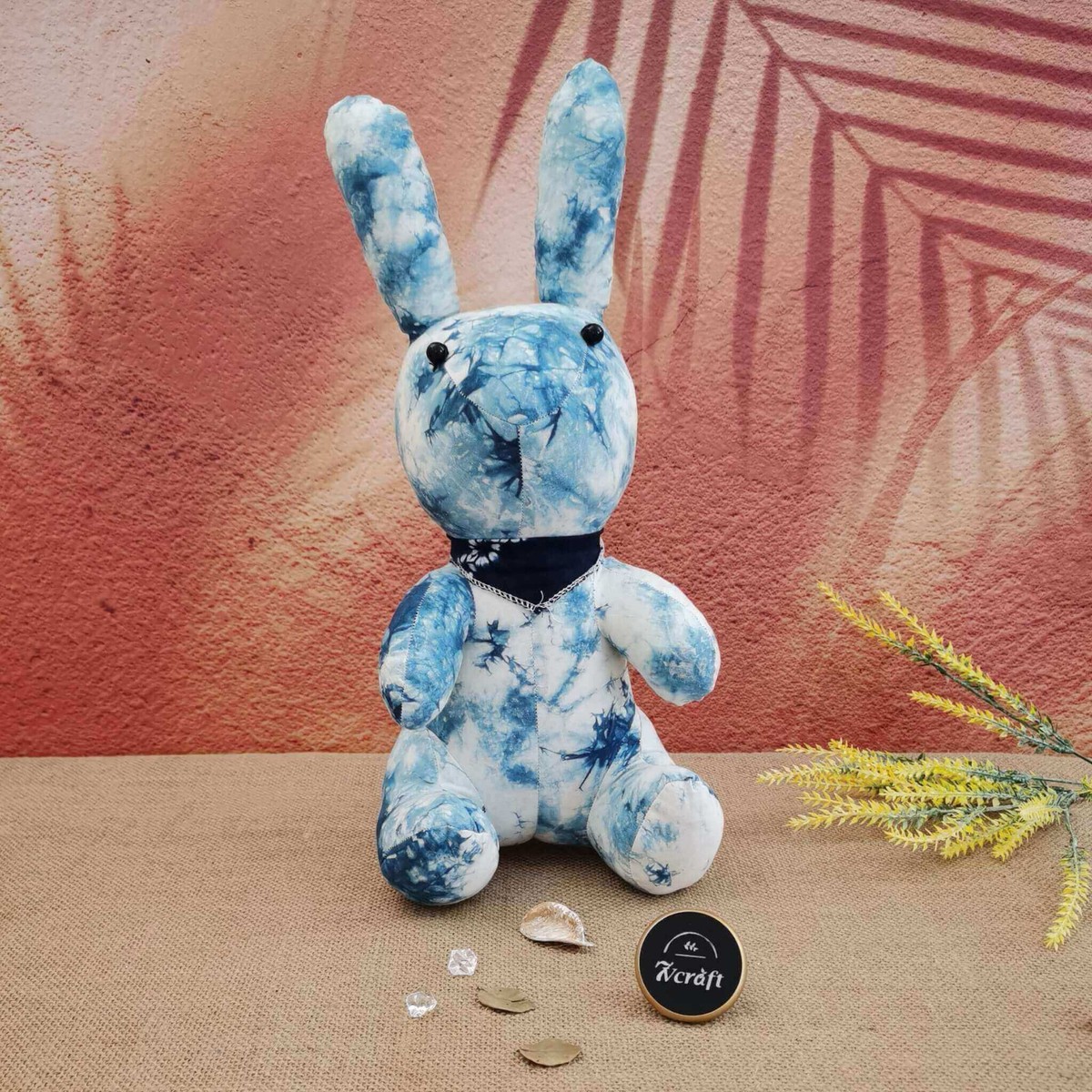 Indigo Shibori Cotton Stuffed Bunny, Handmade Tie Dye Fabric 