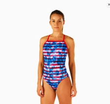NEW Speedo Women's One Back Rio Americana One Piece Blue/Red Swimsuit, 12/38