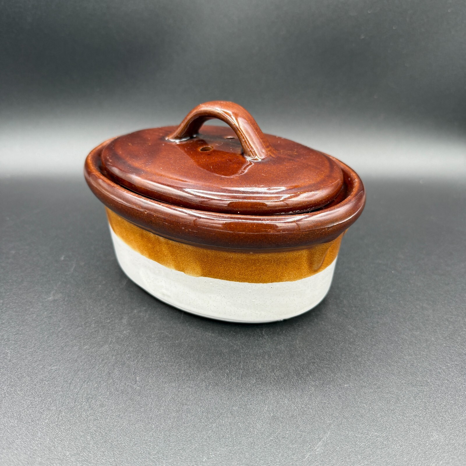 Vintage 3 Tone Pottery Oval Individual Casserole Small Baking Dish w/ Vented Lid
