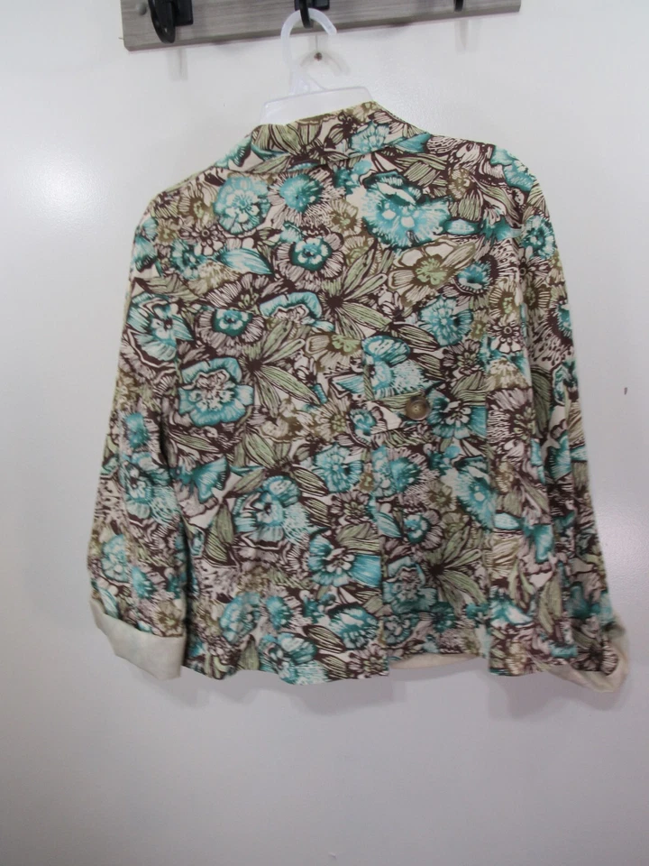 R Q T Blazer L 码棕色蓝色花卉衬里长袖纽扣前人造口袋 — 第 3/3 张图片