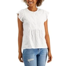 Style & Co Womens XL Bright White Ruffle Sleeve Eyelet Short Sleeve Top NWT AD47