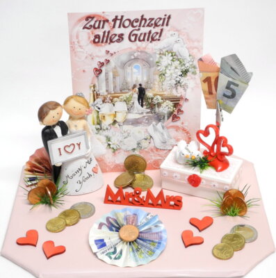 Geldgeschenk Hochzeit Brautpaar I Y Mr&Mrs Herzclip Geschenkbox   Deko rosa/rot