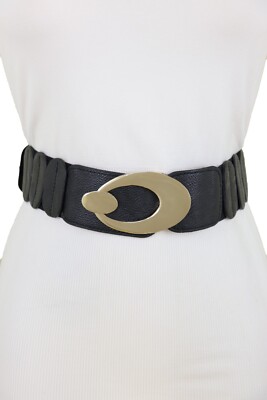 Women Black Elastic Waistband Playful Stylish Belt Gold 
