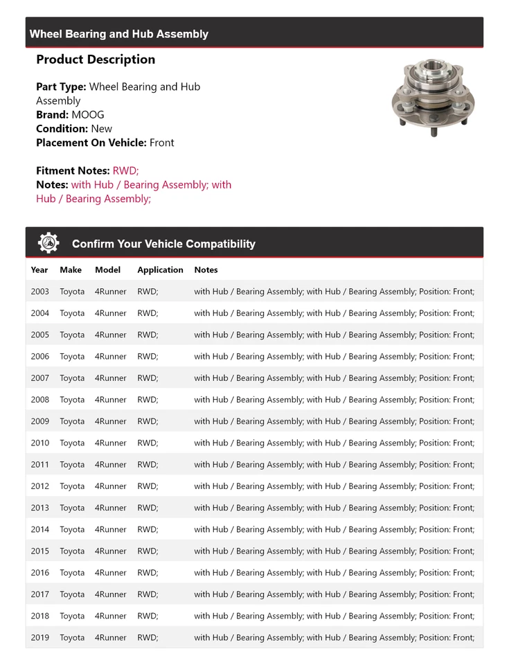 Conjunto de cojinete de rueda y buje delantero MOOG 2003-2019 para Toyota 4Runner tracción trasera Foto 2 de 4