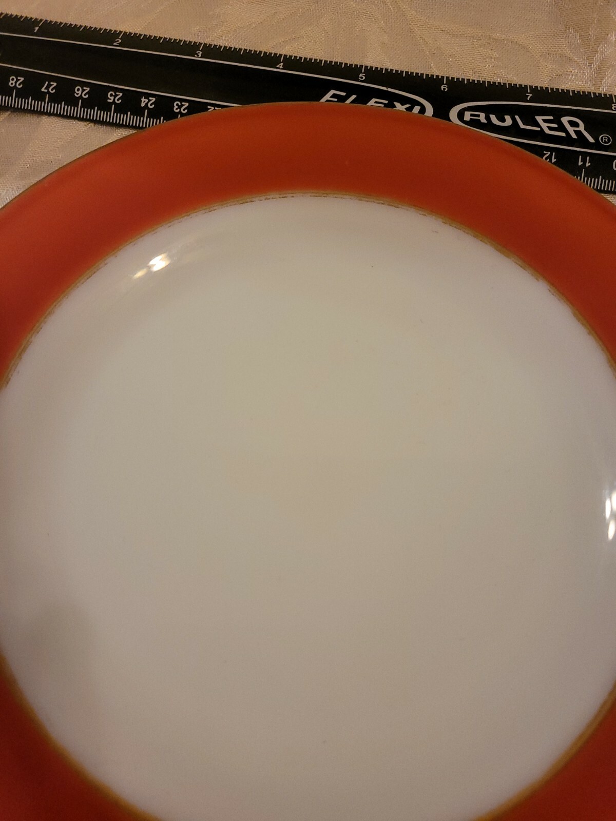 VINTAGE PYREX MILK GLASS DINNERWARE GOLD TRIM RED SALAD PLATE 8 IN SET