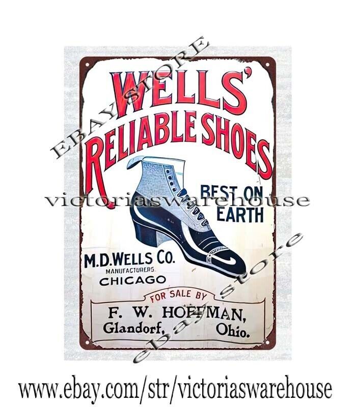 WELLS RELIABLE SHOES GLANDORF OH metal tin sign restaurant w