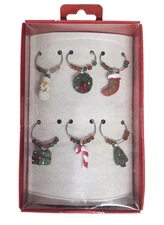 Boston Warehouse Christmas Holiday Wine Charms Boxed Set Of 6