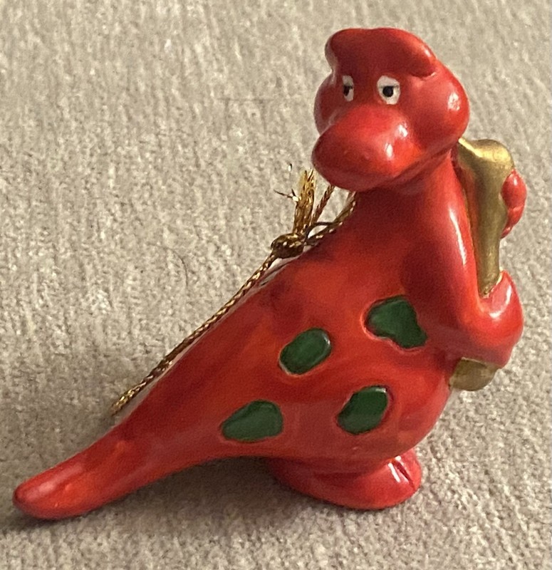 Vintage Red & Green Dinosaur Playing Saxophone Christmas Ornament ROC Taiwan