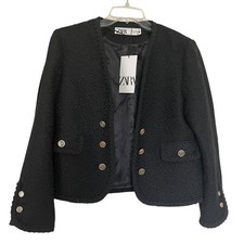 Zara Black Tweed Double Breasted Open Collarless Blazer Jacket Size XS NWT