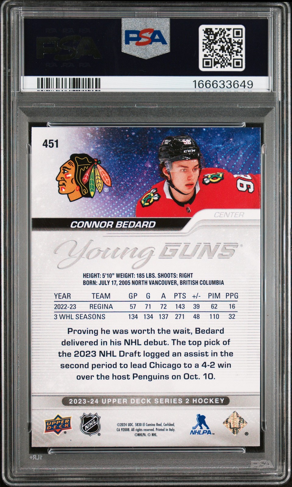 2023 UD #451 CONNOR BEDARD ROOKIE RC PSA 10 view 2