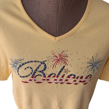 Quacker Factory Believe Top Women's Small Yellow Beaded USA Flag Fireworks Faith