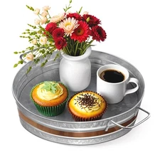 Metal Serving Tray, Galvanized Tray 12" D, Metal Tray with Handles and Copper...