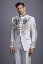 Men's White gold 2-Piece Suit Floral Embroidered Western Wedding Prom Slim