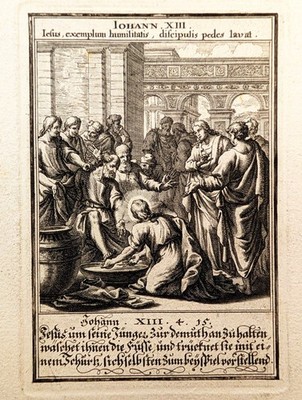 1695 copperplate engraving. The Foot Wash. Christoph Weigel: