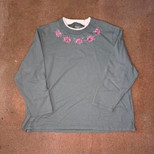 Floral Embroidered Sweatshirt XL Green Cozy Vintage Style