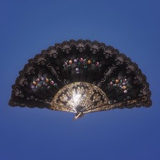 Vintage Black Lace Courtship Hand Fan , Hand Painted Flowers Black Gold Plastic