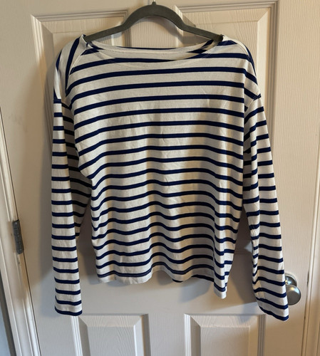 Everlane White Blue Striped Knit Boat Neck Long Sleeve T-Shirt Top M