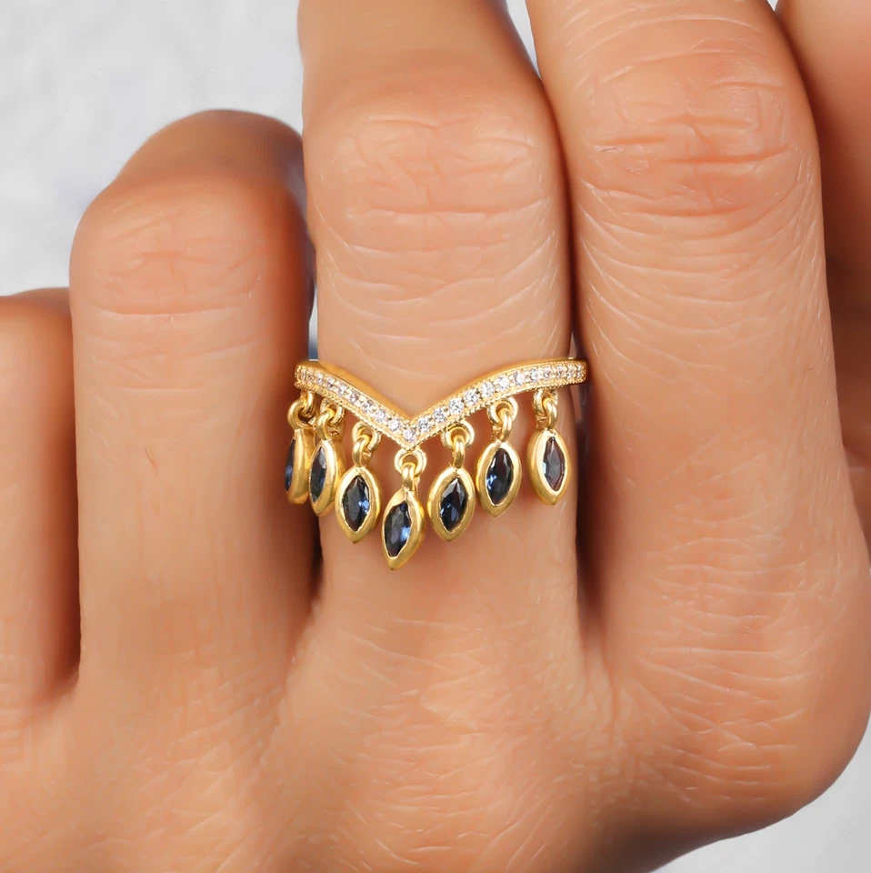 Marquise Shape Blue Sapphire Dangle Drop Ring, Moissanite Curved Stackable Ring - image 3 of 4