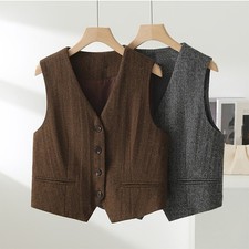 Retro Business Women's Button Suit Slim V-Neck Blend Vest Waistcoat New