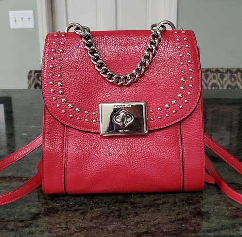 COACH F76692 Pebble Leather Rivets Cassidy Backpack Purse Bright Cardinal Red - Picture 2 of 16