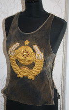 1990s VOYAGE PASSION ITALY Tank Top/Vest Green Gold Cross Appliqué Army Silk-Mix