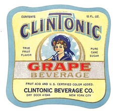 Clintonic Grape Beverage Clintonic Beverage Co. NYC Soda Bottle Label c1950's