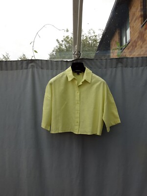 Primark Light Green Linen Cotton Blend Cropped Oversized Shirt UK 8 New