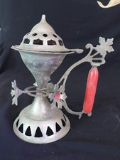 Vintage Brass Incense Burner With Wooden Red Handle, Floral Engraved 9" T