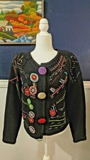 VTG Victoria Harbour Black Sweater Cardigan Ugly Christmas Beaded Sz Medium M