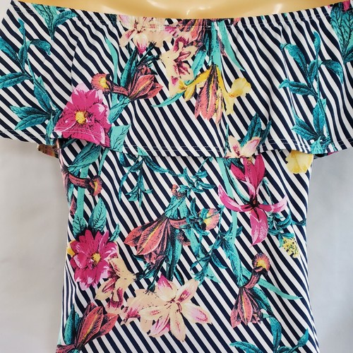 Beware White Blue Striped Floral Off Shoulder Ruffle Stretch Bodysuit Size L - 第 8/11 張圖片