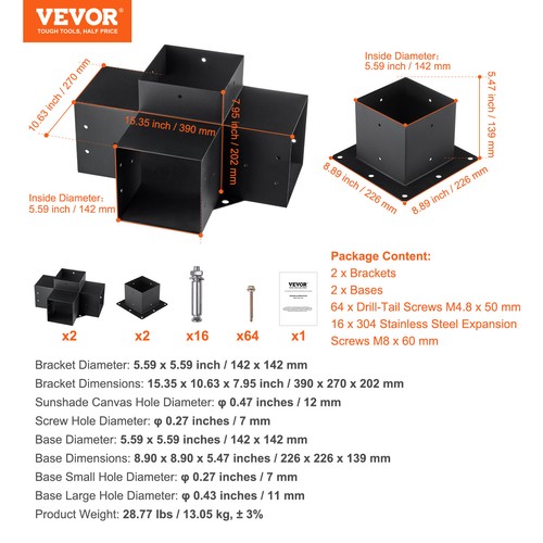 VEVOR 6''x6'' Pergola Bracket Kit inner 5.6x5.6 4-Way Woodworks DIY Post 4 pcs - Picture 7 of 12