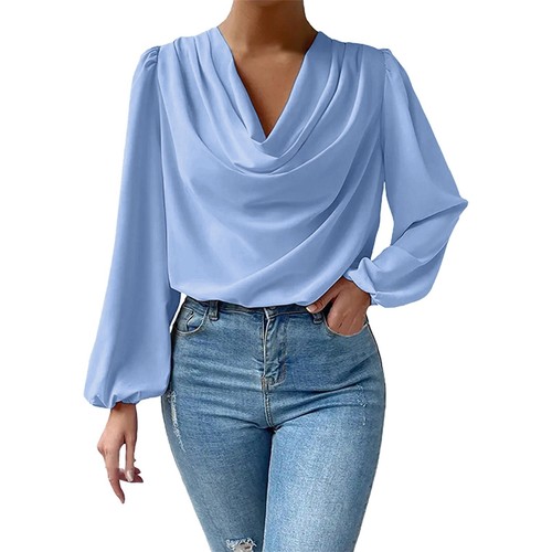 Damen V-Ausschnitt Drapiert Rüschen Shirt Ballon Langarm Satin Freizeit Bluse Tops - Bild 15 von 30