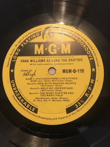 Hank Williams Luke The Drifter 10" Vinyl Record Album Mono Mgm D119 Lp - Picture 14 of 23