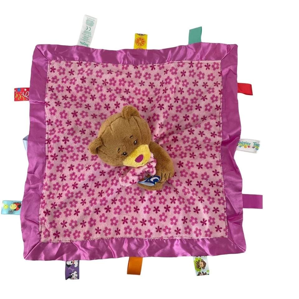 Taggies Oso de Peluche Lovey Rosa Flores Satén Borde Trasero 14" Manta de Seguridad Foto 3 de 4