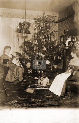 c. 1910 Christmas Morning Boys Train Set RPPC Photo Postcard COPY