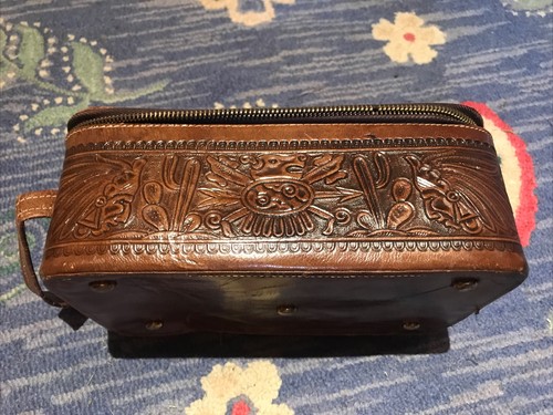 "Custodia trucco cosmetico in pelle Tooled J L Vela Messico borsa occidentale 10""x6,5x3,5" - Foto 4 di 13