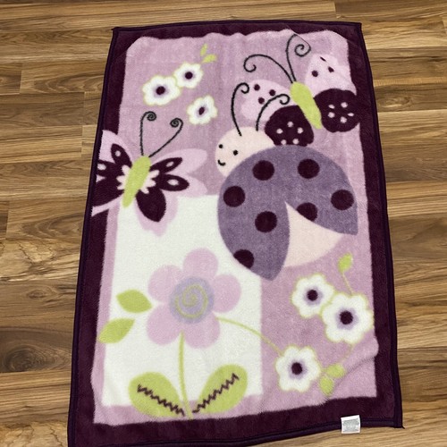 Lambs Ivy Baby Blanket Purple Ladybug Butterfly Flowers Fleece Plush - Picture 2 of 6