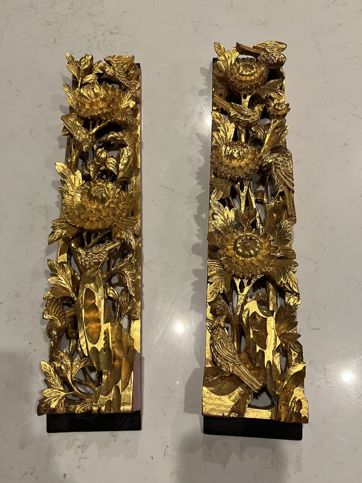 CHINESE CARVED GILT WOOD WALL PANEL LACQUER GILDED GOLD Birds Flowers