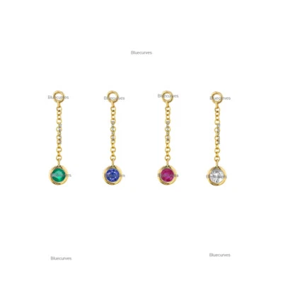 Diamond, Emerald, Ruby & Blue Sapphire Mini Ear Jacket Chain Earring 14k Gold - Image 1 of 4