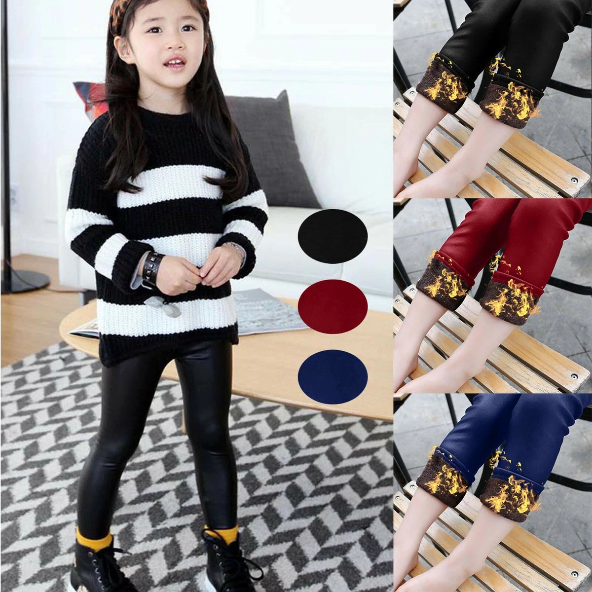 Children Kids Baby Girls PU Leather Leggings Pants Winter Warm