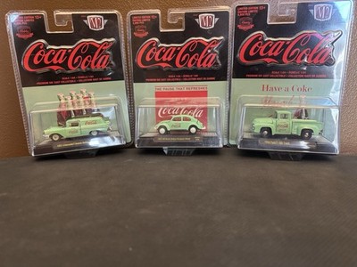 Coca-Cola Green Diecast Vehicles Lot of 3 1:64 Set Chevy VW Beetle Ford F-100