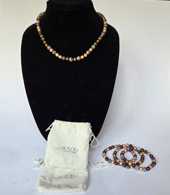 Honora Perlenkette und 3 Stapel Armband Set Schokolade Champagner Silber